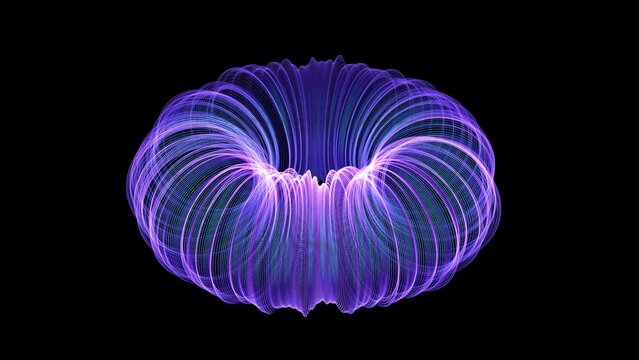 3D abstract animation: model of nuclear fusion. Nuclear power generation, electric or magnetic field lines, big data concept. High energy elementary particles flow. Looped 4K, video black background
