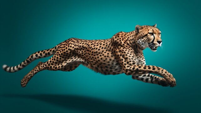 A charismatic cheetah in mid-sprint, set against a monochromatic teal background