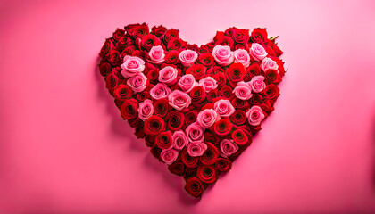 Valentines Day Heart Made of Red Roses Isolated on pink background.
