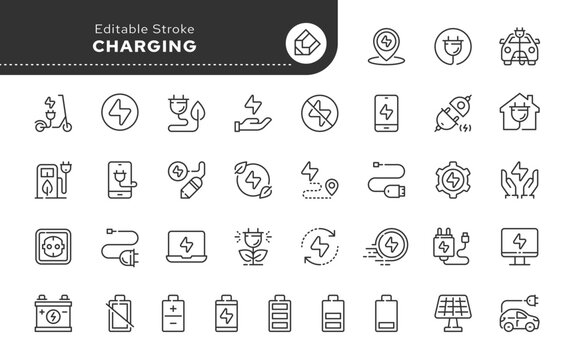 Charging, charger, electronic charging, charge devices. Line icon set. Web icons in linear style for mobile application and web site. Outline pictogram.