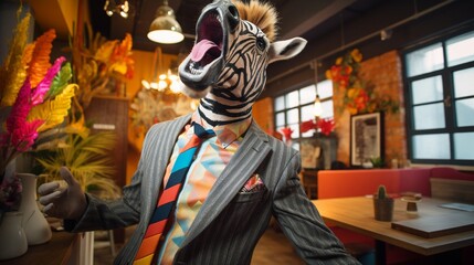 A comical character with a zebra head and a human body in a business shirt, captured in a quirky and multicolored setting, evoking laughter and surprise