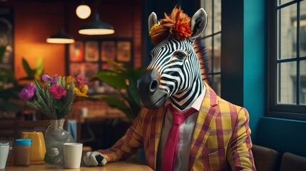 A comical character with a zebra head and a human body in a business shirt, captured in a quirky...