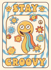 Groovy hippie 60s sticker. Funny cartoon smile with rainbow on flower background. Sticker in trendy retro psychedelic cartoon style 70s. Flower power. Stay trippy. Stay groovy