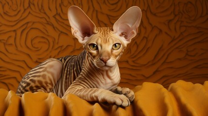 A Cornish Rex cat, its unique fur almost resembling rows of waves, sits in sphinx-like majesty; an ochre background completes this tableau.