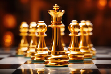 closeup of polished golden pawns on chessboard