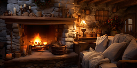 A fireplace with a fire in it and a blanket on the floor,A living room with a fire place and a couch