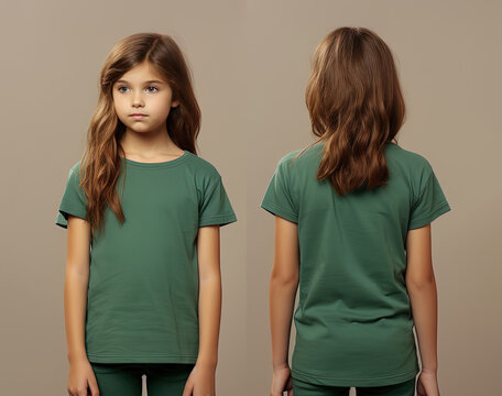 Front and back views of a little girl wearing a green T-shirt