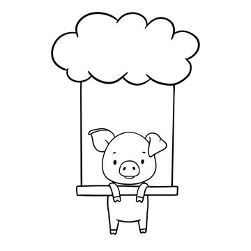 Cute outline piglet character on swing. Hand drawn illustration isolated on white background. Funny Farm animal for coloring book