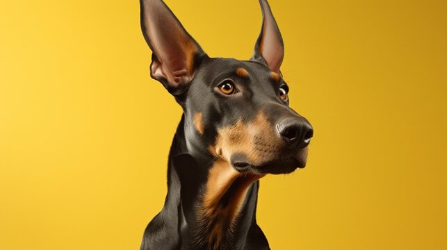 A Doberman Pinscher in an attentive stance, ears erect, eyes glinting, with a backdrop in stark canary yellow.