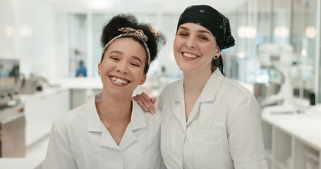 Happy, chef and women team in kitchen at restaurant for hotel service. Portrait, cooking and collaboration with culinary professional and employee together for catering career, passion or competition