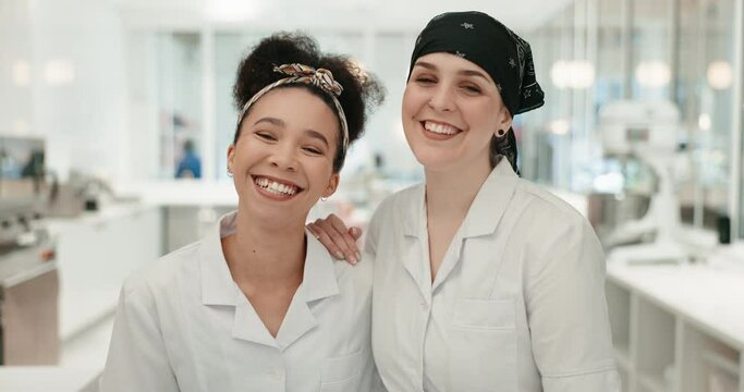 Happy, chef and women team in kitchen at restaurant for hotel service. Portrait, cooking and collaboration with culinary professional and employee together for catering career, passion or competition