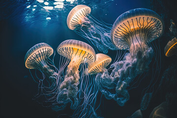A group of jellyfish swimming in an aquarium. Generative AI