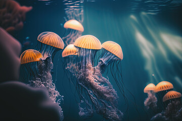 Obraz na płótnie Canvas A group of jellyfish swimming in an aquarium. Generative AI