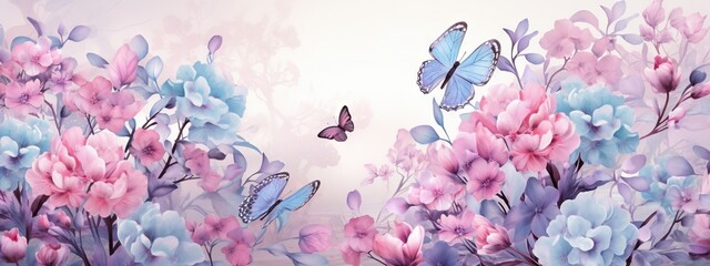 Fototapety  Fond d'écran abstrait, motif de fleurs aquarelles, nature, insectes, feuilles, plantes. IA générative, IA