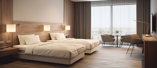 Modern hotel room with twin beds