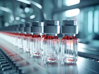 Pharmaceutical production: Medical vials on assembly line at drug manufacturing plant
