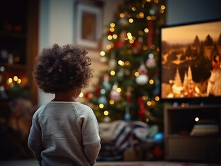 Fototapeta na wymiar Cute African american baby watching tv at home during christmas and the new year holidays beside Christmas tree
