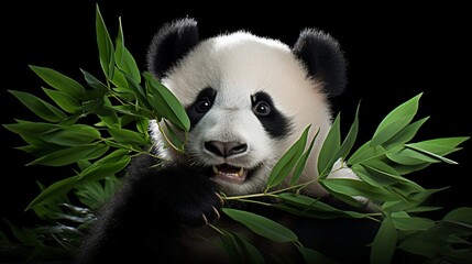 A panda cub, caught in a moment of sheer delight as it munches on invisible bamboo leaves; a...