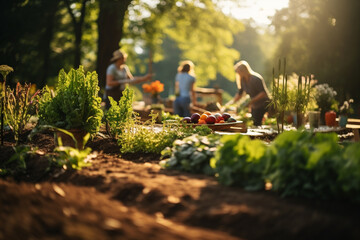 Shot of people working in an organic vegetable garden plot in the late after - obrazy, fototapety, plakaty