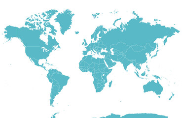 Fototapeta na wymiar 国境線のある六大陸の世界地図、大西洋、地球