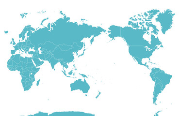 Fototapeta na wymiar 国境線のある六大陸の世界地図、大平洋、地球