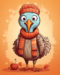 Adorable Turkey Gobbler Character Wearing a Scarf on Gradient Peachy Background with Fall Leaves - Fun Kids Cartoon Illustration Style for Thanksgiving in Autumnal Color Tones - Vertical