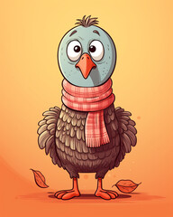 Adorable Turkey Gobbler Character Wearing a Scarf on Gradient Peachy Background with Fall Leaves - Fun Kids Cartoon Illustration Style for Thanksgiving in Autumnal Color Tones - Vertical