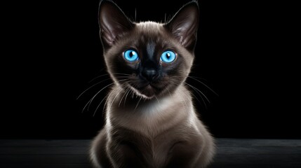 A Siamese kitten with striking blue eyes, sitting elegantly; an obsidian black background to make the eyes pop even more.