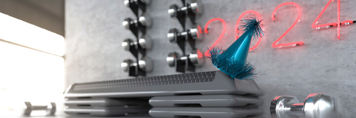 Conceptual 2024 New Years resolution for fitness and well being in a gym environment 3d render