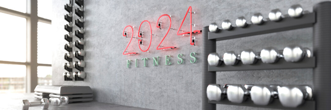 Conceptual 2024 New Years resolution for fitness and well being in a gym environment 3d render