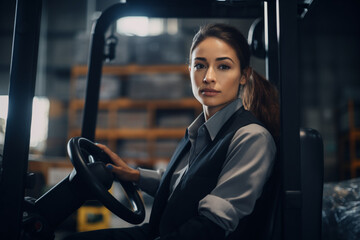 shot of an attractive young female stock controller driving a forklift through her warehouse