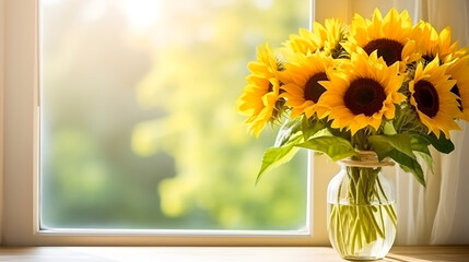 Sunflowers in a glass vase, Sunflowers in a mason jar on a wooden windowsill