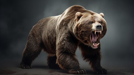 A vigorous brown bear in mid-roar, set against an understated yet effective gray backdrop