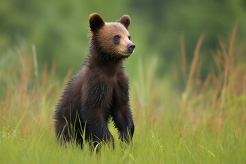 Bear cub standing on grass. Generative AI