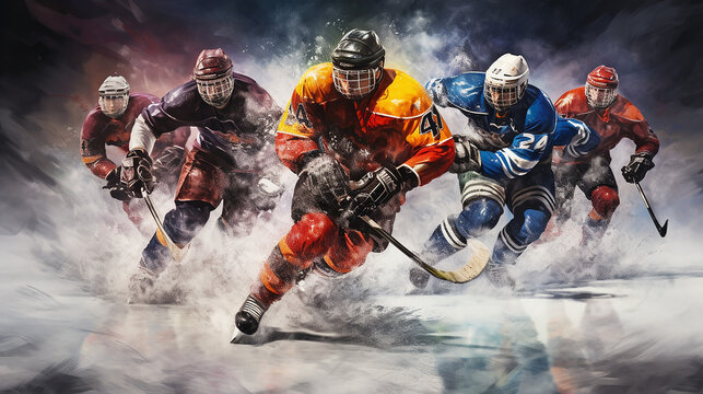 A group of hockey players in colorful jerseys across the ice