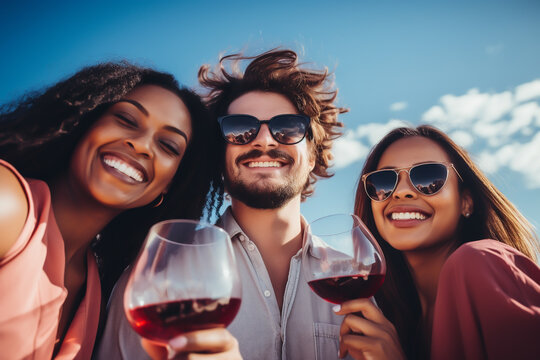 Groups of young people drinking red wine from wine glasses on a summer day and celebrations - theme of alcohol, socializing and drinking