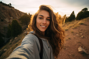 Shot of a young woman taking a selfie while out hiking