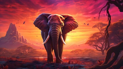 Envision an elephant, majestic and immense, standing in a vast savanna. Sunlight seeps gently through the sky, casting golden hues across the land. Behind this awe-inspiring creature.