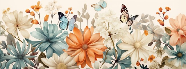 Fond d'écran abstrait, motif de fleurs aquarelles, nature, insectes, feuilles, plantes. IA générative, IA - obrazy, fototapety, plakaty
