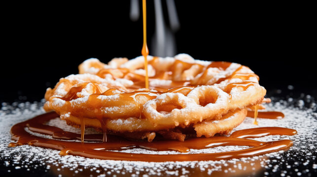 Funnel or Rosette cookies whit honey and sugar glass. Delicious Funnel Cake with caramel or honey and sugar in Black Background. Generative Ai.