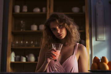 Shot of a young woman drinking juice in her kitchen