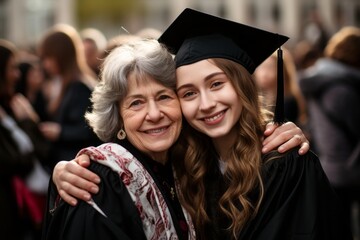young student woman hugging her grandmother after graduation, copy space for text. family and education concept