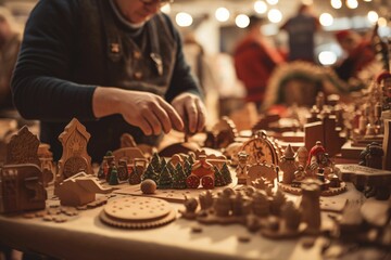 close-up of artisan hands crafting a wooden toy, surrounded by an array of handmade crafts at a vibrant Christmas market stall