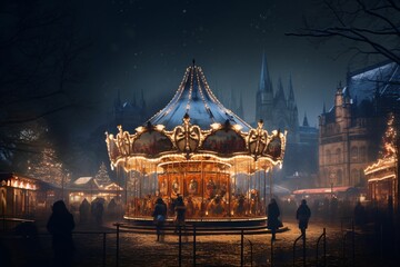 a panoramic view of a grand Christmas market in a town square, lit-up carousel spinning, with the...