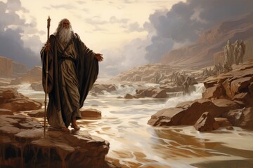 Moses at the waters of Meribah - biblical story - obrazy, fototapety, plakaty
