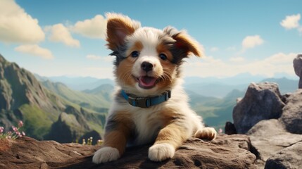 Winking with ebullient flair, a puppy emanates joy that radiates throughout the surrounding cerulean backdrop. Its eye remains endearingly shut, capturing a snapshot of bliss.