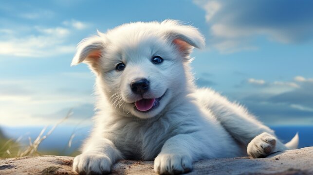 Winking with ebullient flair, a puppy emanates joy that radiates throughout the surrounding cerulean backdrop. Its eye remains endearingly shut, capturing a snapshot of bliss.
