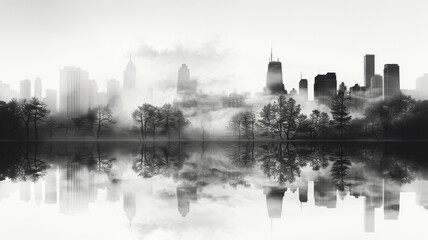 Fototapeta premium Pencil sketch of a large city surrounded by nature.