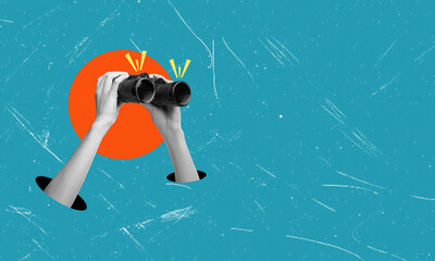 Contemporary artistic collage depicting hands holding binoculars against a blue background with space for text.