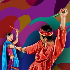 Vector illustration of Indian man and woman dancing Dandiya on colorful polygonal background